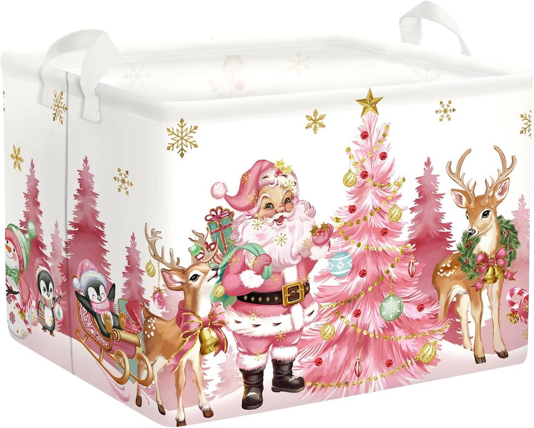Pink Santa Claus Baby Laundry Hamper Christmas Clothes Kids Storage Basket Large Poinsettia Reindeer Sleigh Snowflake Girls Gift Toy Box Bin, Tree, 36L