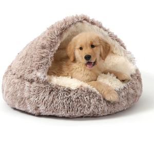 NOYAL Round Hooded Donut Dog Bed for Small & Medium Pets - Plush Fluffy Anti-Anxiety Cat Cave Bed with Cover (Large 27.5'', Gradual brown)