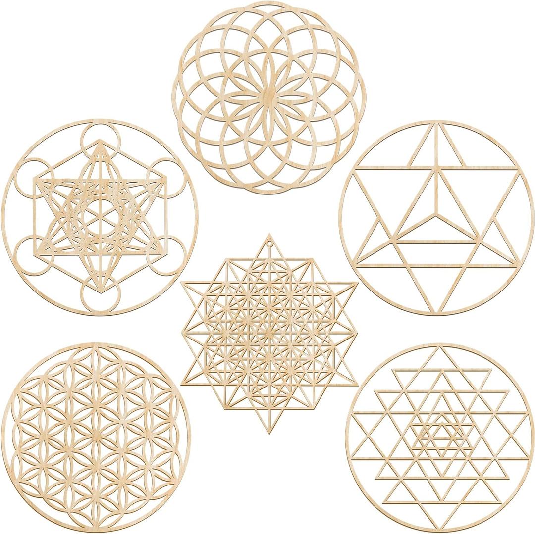 Taiyin 6 Pcs 12 Inch Wooden Sacred Geometry Wall Art Set, Zen Geometric Wall Decor for Home Meditation Room, Inspired Hanging Art with Metatron Cube, Flower of Life, Sri Yantra(Burlywood)