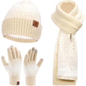 Womens Winter Knit Beanie Hats and Touchscreen Gloves Long Scarf Set with Warm Fleece Lined Skull Caps Scarves for Women (One Size, Apricot White)