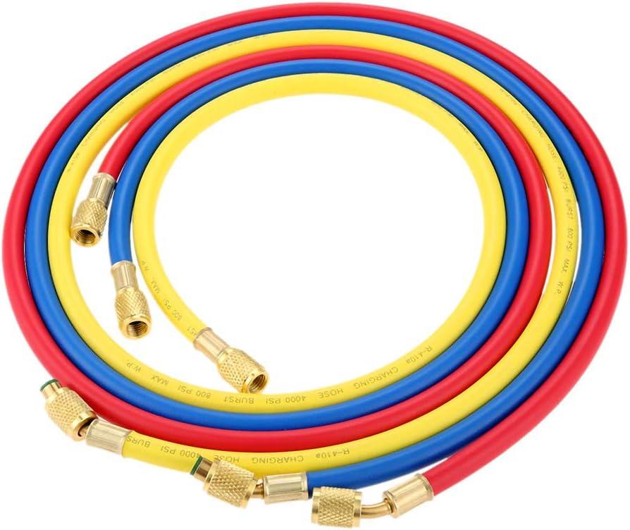 3 Colours R410A AC Charging Hose Set 60 Inches with 1/4 Inch SAE 4000-800 PSI Refrigerant Charging Tube Adapter for HVAC Air Conditioning Refrigerant Charging Hoses R134A R12 R22