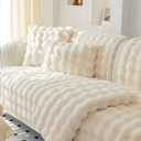 MERRYLIFE Thick Plush Faux Rabbit Fur Sofa Slipcovers 1-Piece Non-Slip Warm Soft Cozy Couch Covers Furniture Protector (Beige, Sofa Cushion 90 * 210cm)