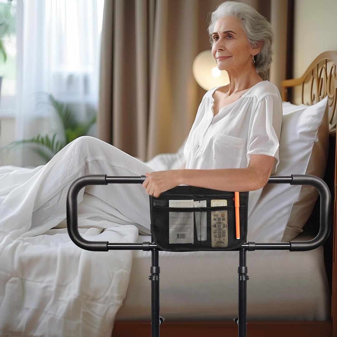 AOHHL Bed Rails for Elderly Adults Safety with Adjustable Heights Storage Pocket Assist Support Side Railings for Seniors Citizens Slides Under Mattressbed Cane Bed Guard Bed Handles Bars (Black)