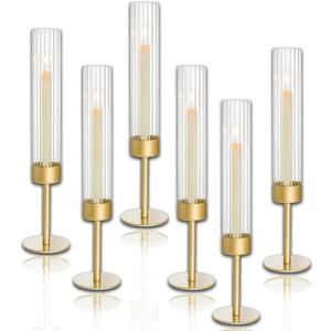 Glass Hurricane Candle Holders Set of 6,Brass Candlestick Holders,Taper Candlestick Holders,Elegant Dining Table Centerpiece for Wedding, Christmas & Home Decor-Ribbed