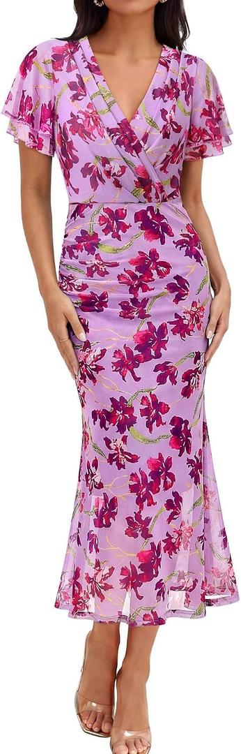 Gaharu Women's Summer Floral Bodycon Wedding Guest Cocktail Maxi Dress (L)