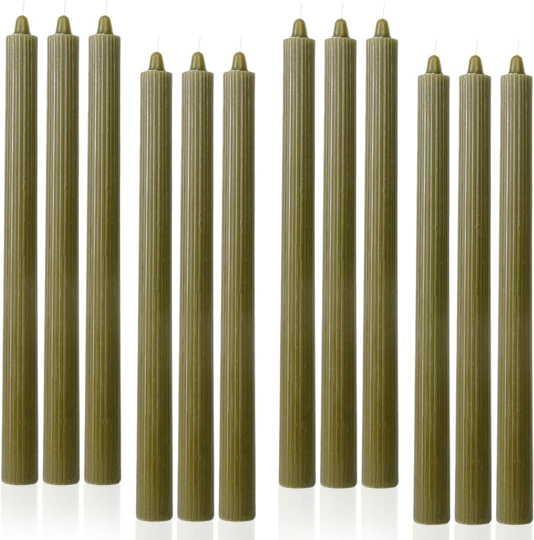 Olive Ribbed Taper Candles 10.5 inch Green Tapered Candles Ideal as Dinner Candle Smokeless and Unscented Candle Sticks Long Burning,Set of 12