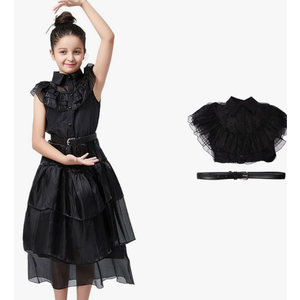 Wednesday Addams Dress Halloween Women Black Gothic Tulle Lace Costume Girls Wednesday Outfit with Belt Cosplay Party, Size 110