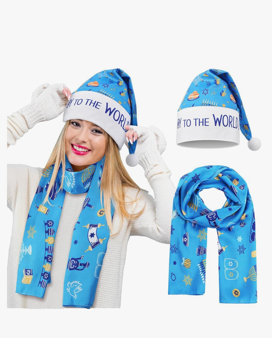 Geyoga 2 Happy Hanukkah Gifts for Women Hanukkah Hat & Scarf Chanukah Costume Accessories Decoration Hanukkah Blue Scarf Funny Santa Hats Christmas