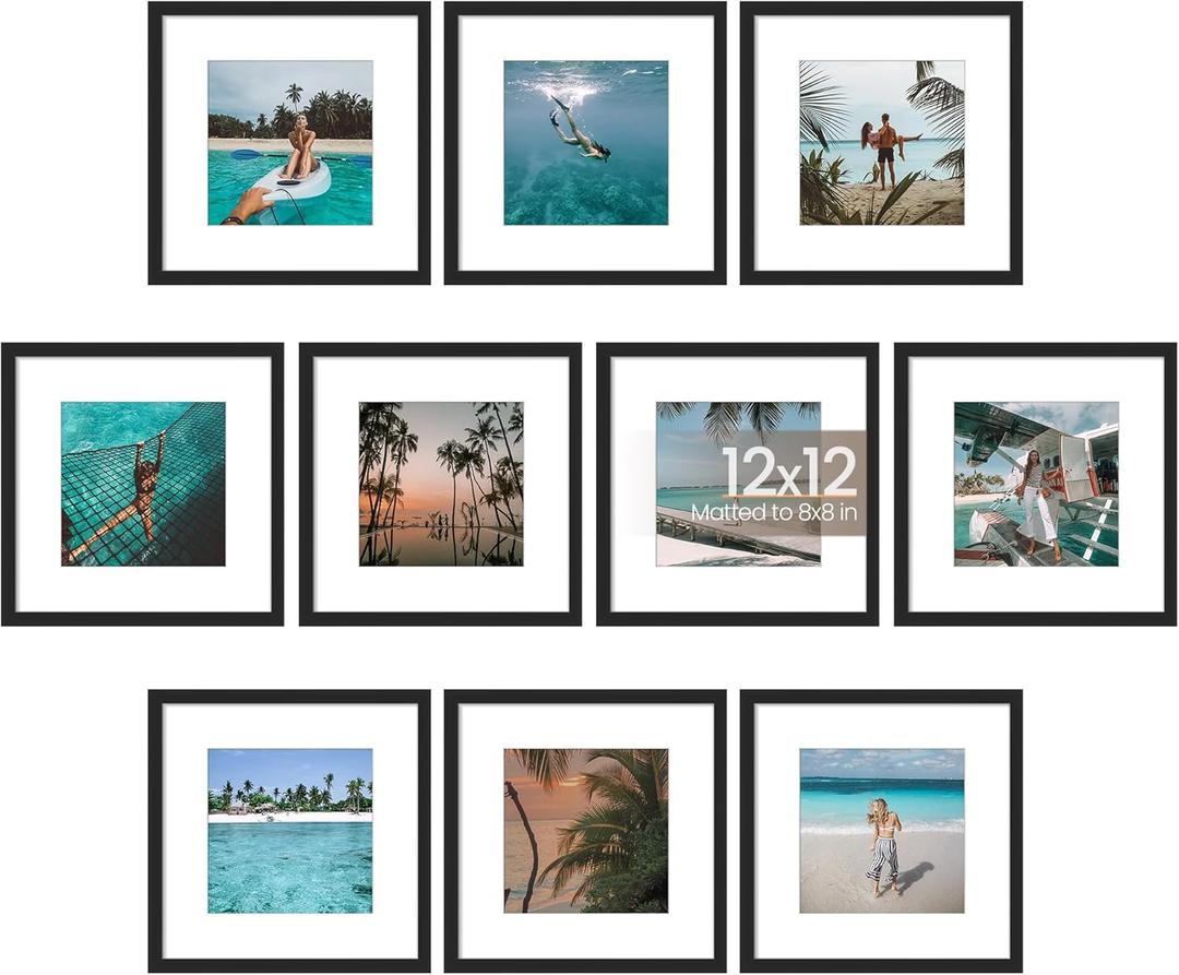 upsimples 12x12 Picture Frame Set of 10, Display Pictures 8x8 with Mat or 12x12 Without, Multi Photo Frames Collage for Wall or Tabletop Display, Black