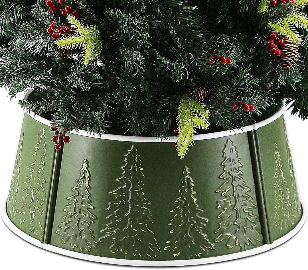 Metal Christmas Tree Collar, 26 in Round Christmas Tree Base Collar for Artificial Tree Decorations (Green Tree Style) (Green Tree Style)
