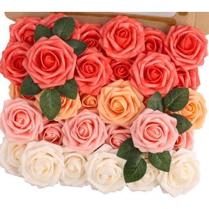 MACTING 30PCS Artificial Rose Flowers Real Touch Fake Flowers with Stem Foam Roses for DIY Wedding Bouquet Table Centerpieces Party Baby Shower Home Party Summer Mothers Day Decor,Mix Coral Series