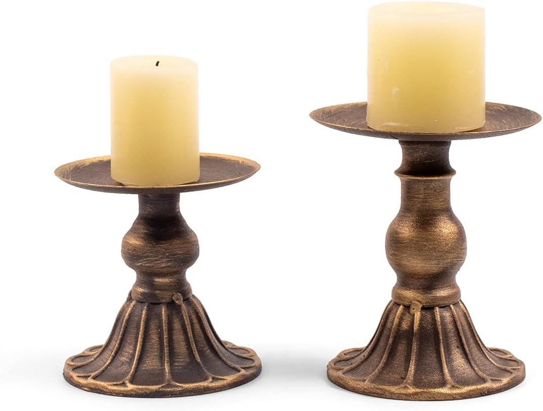 Farmhouse Bronze Candle Holders for Pillar Candles Metal Decorative Taper Candle Stand, Retro Set of 2 Candlestick Holder Table Centerpiece Decor for Fireplace, Living or Dining Room