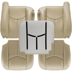 NLQR Tan Driver & Passenger Bottom & Top Lean Back Replacement Leather Seat Covers & Driver Side Foam Cushion fit for Chevy GMC Tahoe Suburban Avalanche Yukon Silverado Sierra 2003 2004 2005 2006