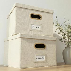 ZICOTO Decorative File Organizer Box Set of 2 - Collapsible Linen Filing Cabinets w/Handles Are Perfect to Store all Your Documents & Hanging File Folders - Portable Easy Slide Crates with Lid