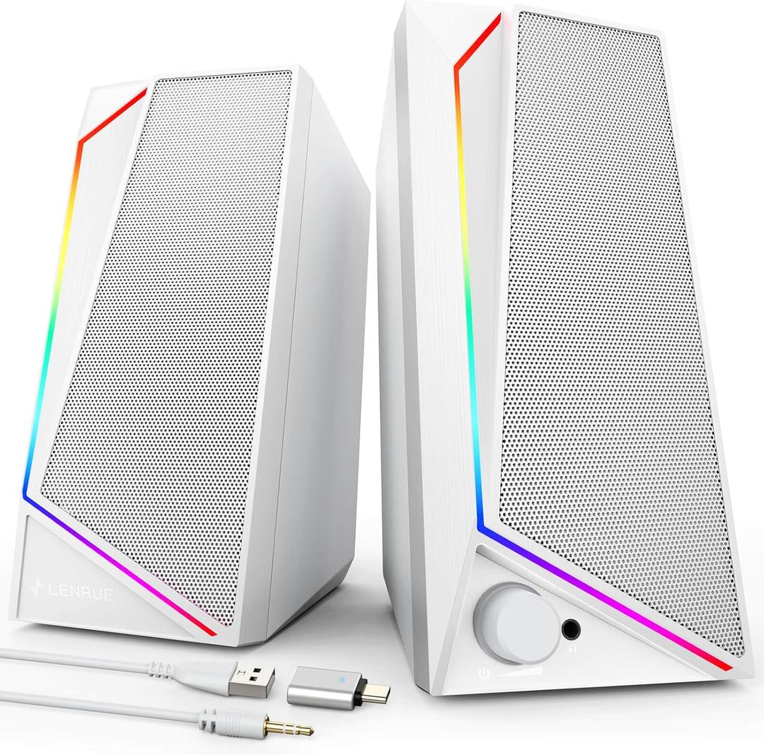 LENRUE Computer Speakers, USB/USB-C Powered PC Speakers with Loud Stereo Sound, Headphone-in for Desktop, Laptop, Monitor (1059White)