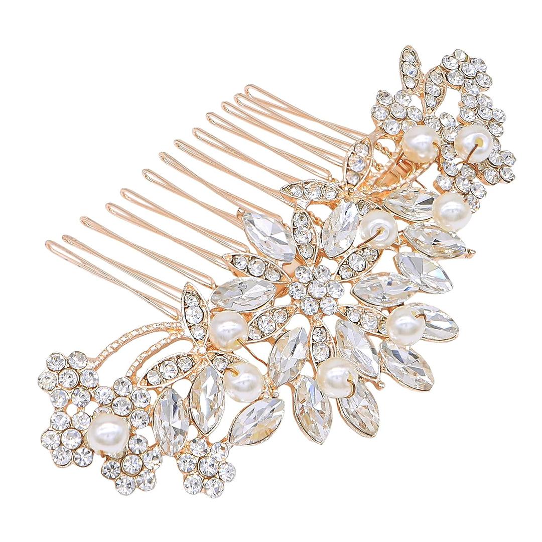 Rose Gold Wedding Hair Comb With Pearls and Crystals Wedding Hair Accessories Bridal Headpiece Or For Parties (Rose God)