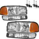 Headlights W/Bulbs for 1999-2007 GMC Sierra, for 2000-2006 GMC Yukon Halogen Headlamp Replacement Driver & Passenger Side