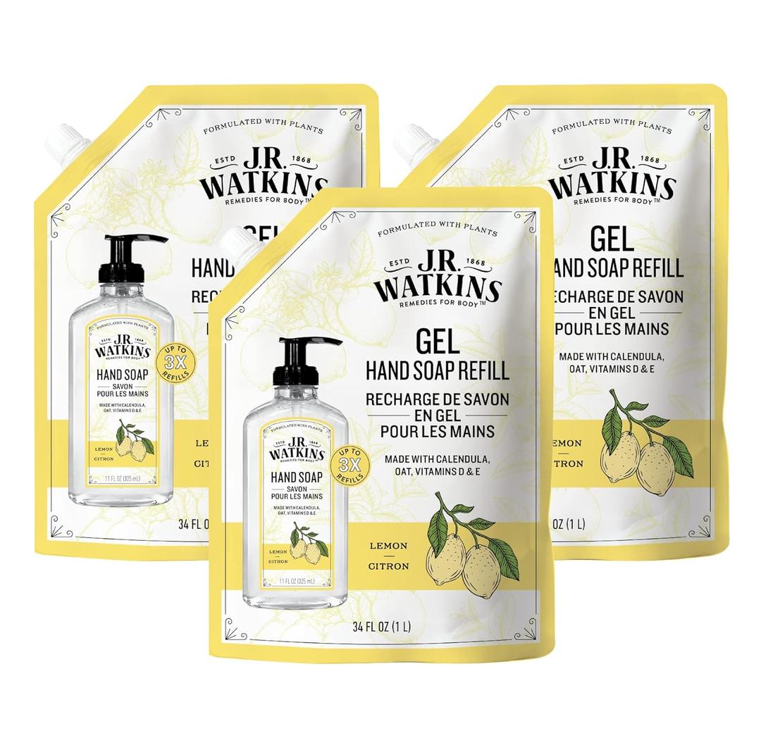 J.R. Watkins Gel Hand Soap Refill, Moisturizing Hand Wash, Alcohol-Free, Cruelty-Free, Lemon, 34 Fl Oz, 3 Pack