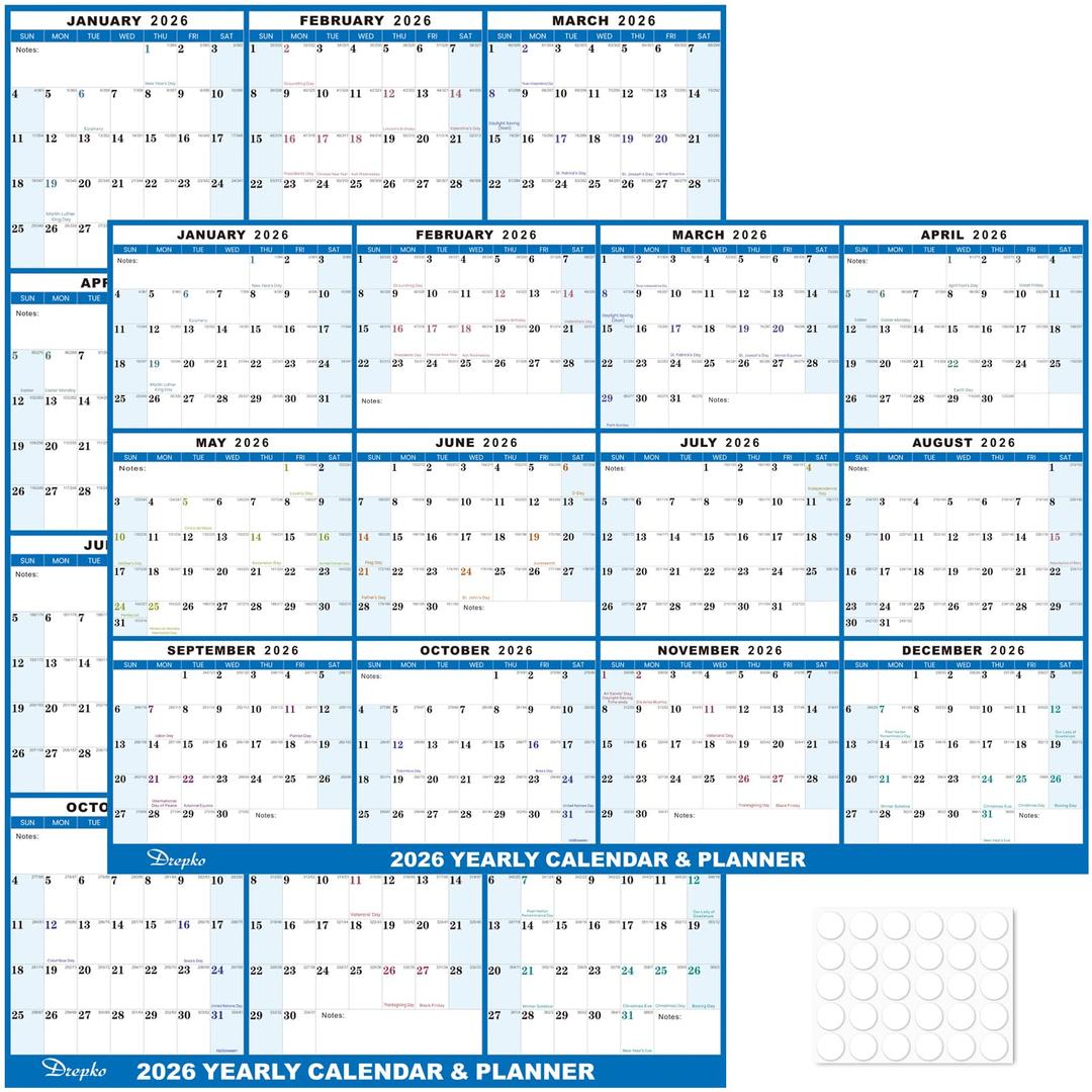 32 x 48 Inch 2026 Folded Wet Dry Erase 12 Month Yearly Laminated Reversible Planner with Julian Dates