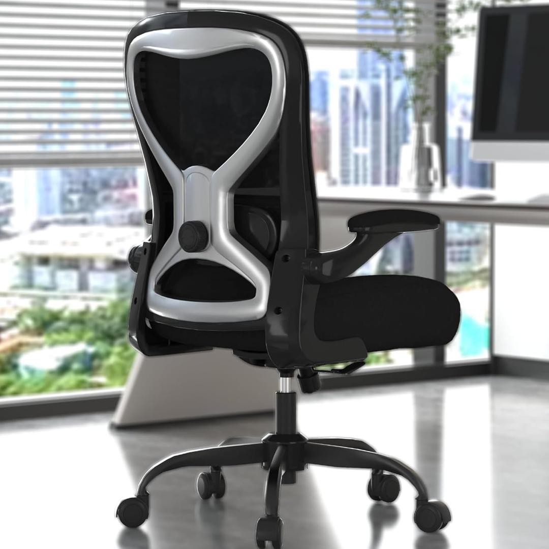 Office Desk Chair with Ergonomic Lumbar Support, Extra-Thick Seat Cushion, Flip-up Arms, Breathable Mesh Back, Computer Task Chair for Home Office (Black&silver)
