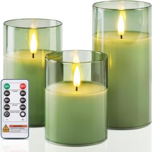 Homemory Green Glass Flameless Candles, Battery Operated LED Pillar Candles with Remote Control and Timer, Radiance Candles, Real Wax, Set of 3,D3 xH4 5" 6"