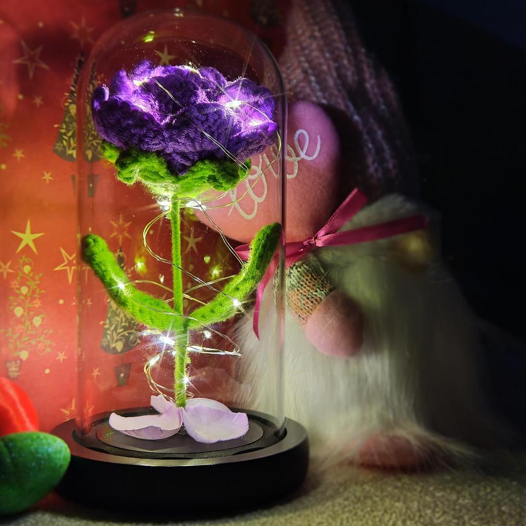 2 x Handmade Crochet Purple Rose Flower in Glass Dome with LED Light