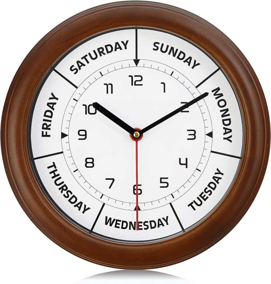 Lafocuse 12 Inch Solid Wood Day of The Week Wall Clock for Mother Easy to Read, Retirement Clock for Seniors, Silent Brown Wall Clock for Living Room Decor