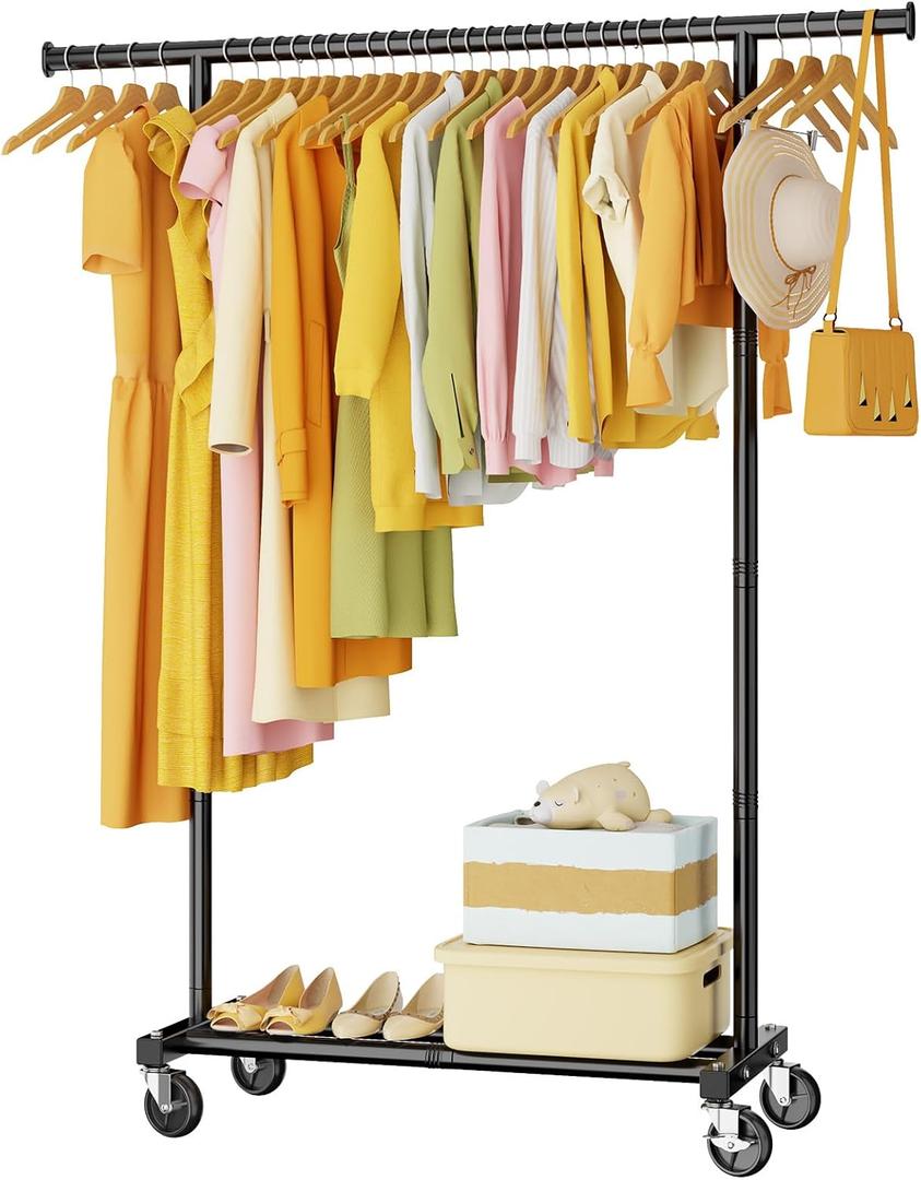 Clothes Rack for Hanging Clothes: Clothing Coat Garment Rolling Racks with Wheels Shelf Portable Closet Storage Organizer Wardrobe Strudy Metal Freestanding Laundry Room Bedroom Dress Shirt Jacket (Black)