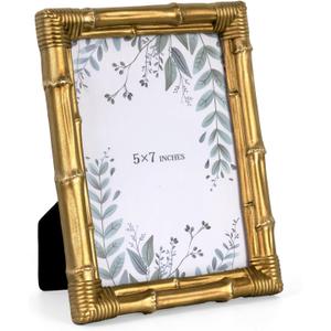 5x7 Picture Frame Bamboo, Resin Photo Frame with Tempered Glass Rustic Decorative Frame for Tabletop Display or Wall Display Option, Ideal for Living Room, Hallway, Bedside Home Dcor, Gold