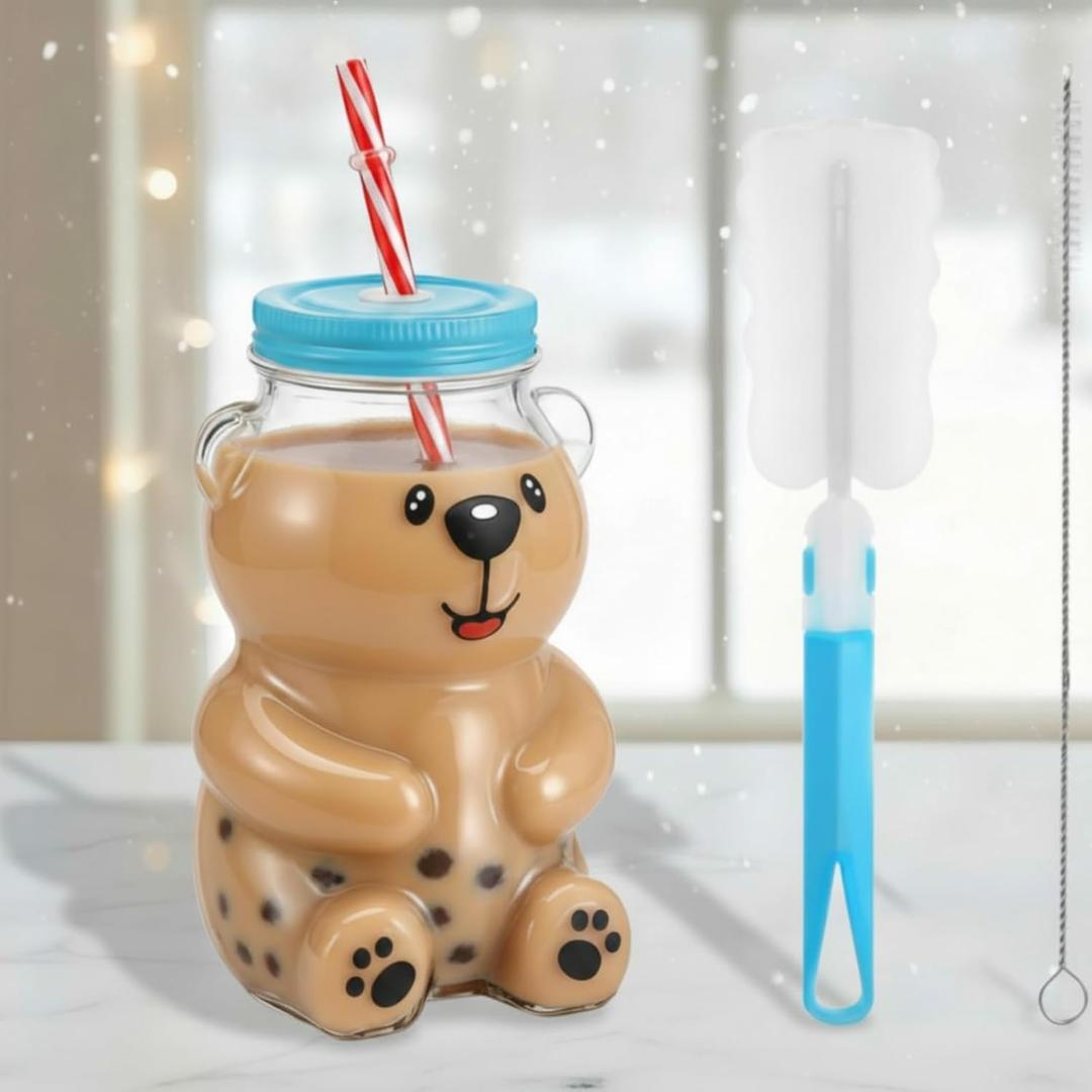 Willinglong Bear Straw Cup with Brush 19oz Glass Bear Cup with Straws and Lid Cute Mugs for Coffee Drink Cute Kawaii Bottle Mug for Juice Milk Tea Smoothies Infused Water Beverage Food Grade