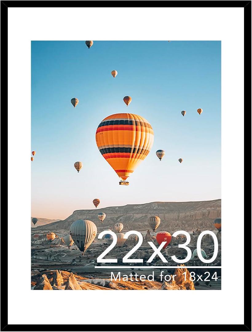 JCJMY 22x30 Picture Frame with 18x24 Mat, Display Photo 18x24 with Mat or 22 x 30 Without Mat, Wall Hanging Large 22 by 30 Poster Frame with Plexiglass, Black