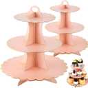 Varku 3 Tier Dessert Tray, Paper Dessert Stand with Pink Petal Edges, Easy Assembly with Central Handle, Set of 2