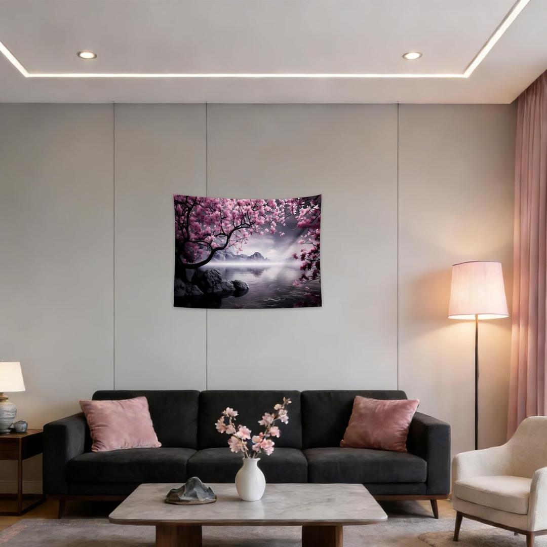 QGHOT Japanese Cherry Blossom Tapestry Wall Hanging Asian Anime Nature Mountain Wall Art Calming Lake Ocean Tapestries for Bedroom Living Room Decor 31.5" L x 39.4" W