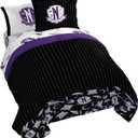Jay Franco Wednesday Addams Queen Comforter Set - 7 Piece Bedding Includes Sheet Set & Pillow Covers - Black and Grey Stripes Super Soft Kids Bedding
