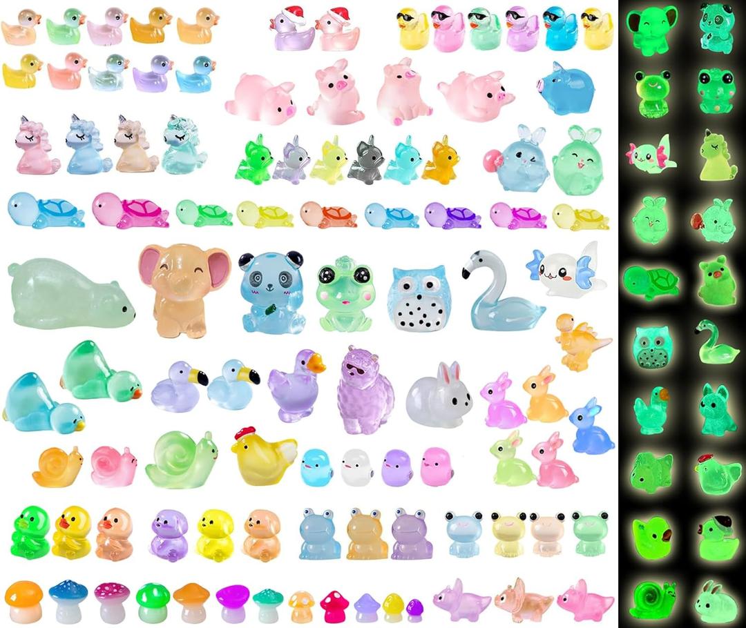 3 x 100Pcs Luminous Tiny Resin Animals Glow in The Dark, Various Mini Animals Figures to Hide, Mini Ducks Frogs Rabbits Mushrooms for Miniature Fairy Garden Accessories Micro Landscape Potted Decoratio