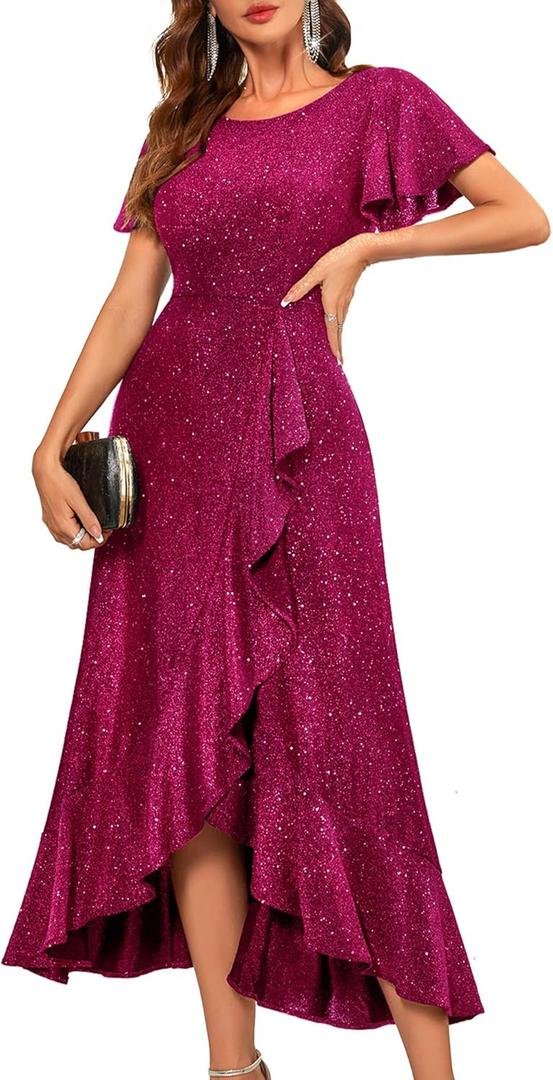 BeryLove Women Sequin Formal Party Dress Flutter Short Sleeve Wedding Cocktail Long Evening Dress (Large, Rose)