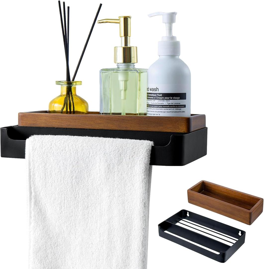 MyGift Modern Matte Black Wall Mounted Towel Rack with Acacia Wood Shelf  Metal Bathroom Storage Organizer for Towels and Dcor