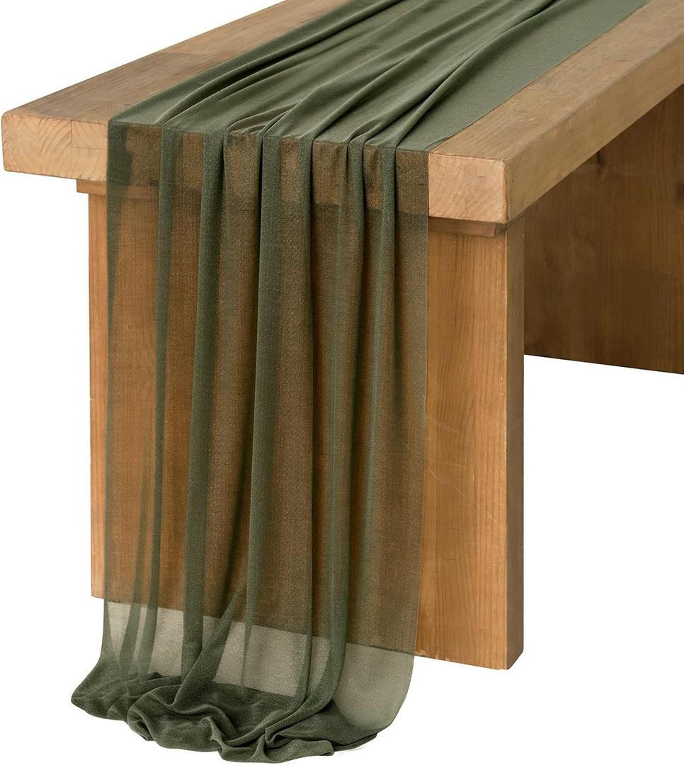 Ling's Moment 14Ft Emerald Green Sheer Chiffon Like Table Runner for Wedding Reception Rustic Boho Wedding Party Bridal Shower Sage Table Setting Decorations