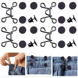Urmspst 4 Set Pant Waist Tightener, Adjustable Waist Buckle Set, Extra Button for Jeans to Make Tighter, Button Adjuster for Pants, Jeans, Skirts, Sleeves, (Black)