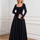 Women Long Sleeve Fall Maxi Dress Casual Square Neck Wedding Guest Long Formal Dress with Pockets (Black, S)