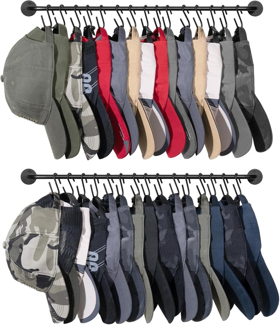 Mkono Hat Rack for Wall Baseball Cap Organizer Hanger with 30 Hooks Modern Metal Hat Holder Wall-Mounted Caps Display for Closet Door Bedroom Entryroom Laundry, Set of 2 (Black, Medium)