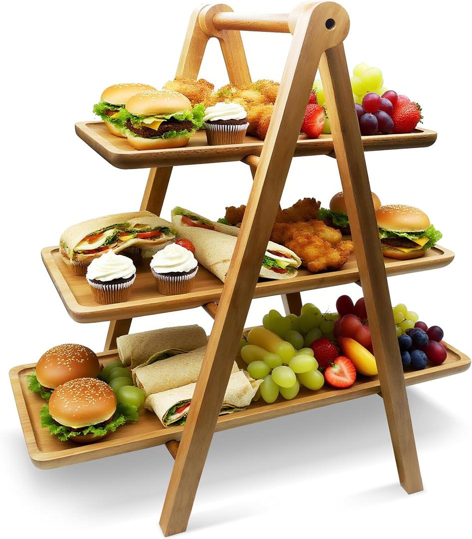 Acacia Wood 3 Tier Foldable Serving Tray  Rectangular Farmhouse Stand for Charcuterie Board, Cupcake, Dessert, Party Wedding Decor, Small Flower Pot Display, Easy Storage