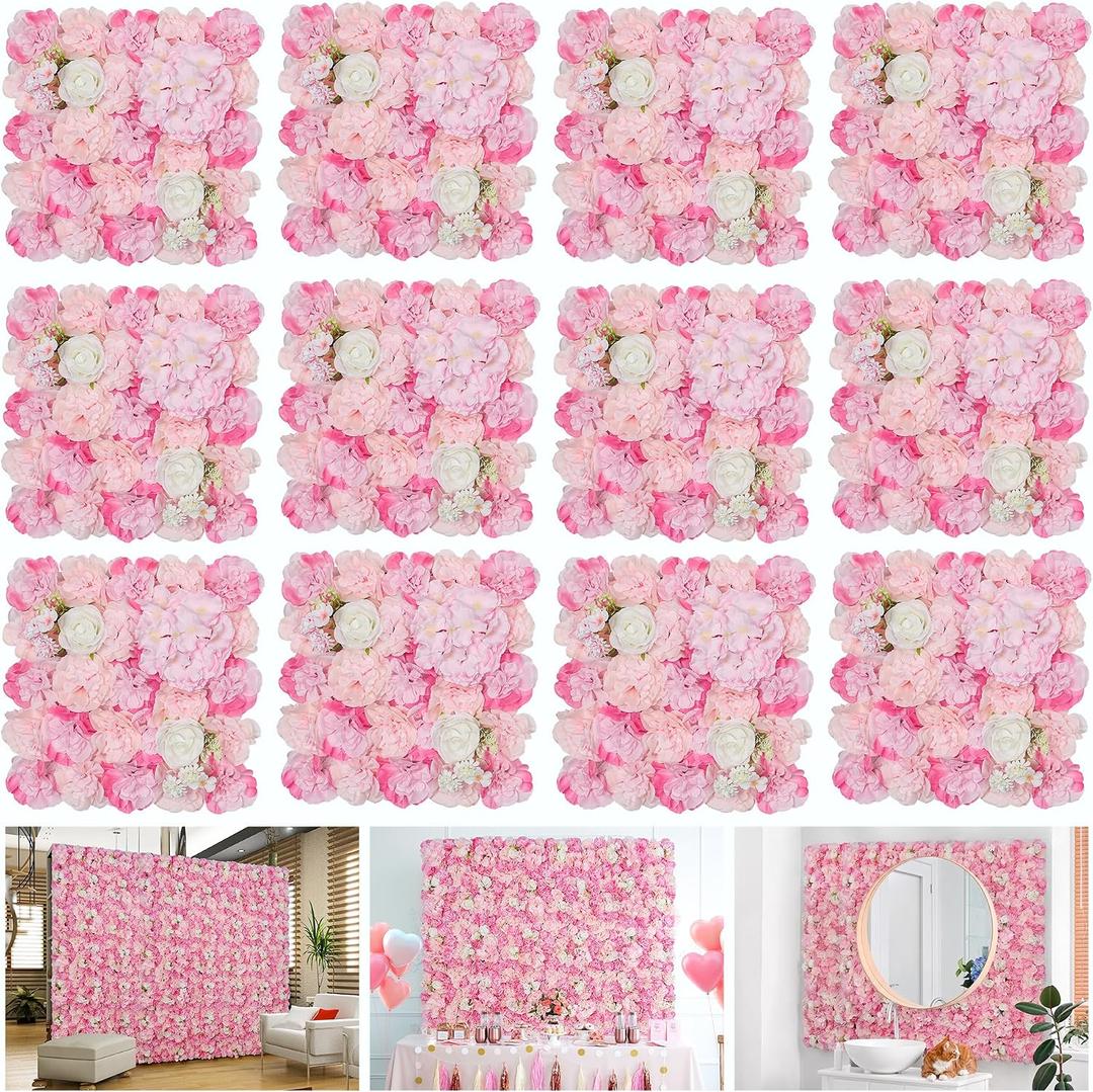 Flower Wall Backdrop 12pcs 16.5"x16.5"Artificial Floral Panels-Pink