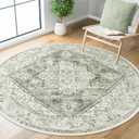 LIVEBOX Medallion Round Area Rug 5ft, Vintage Washable Sage Green Circle Rug for Bedroom, Low-Pile Soft Round Carpet for Living Room, Ideal for High Traffic Areas in Entryway