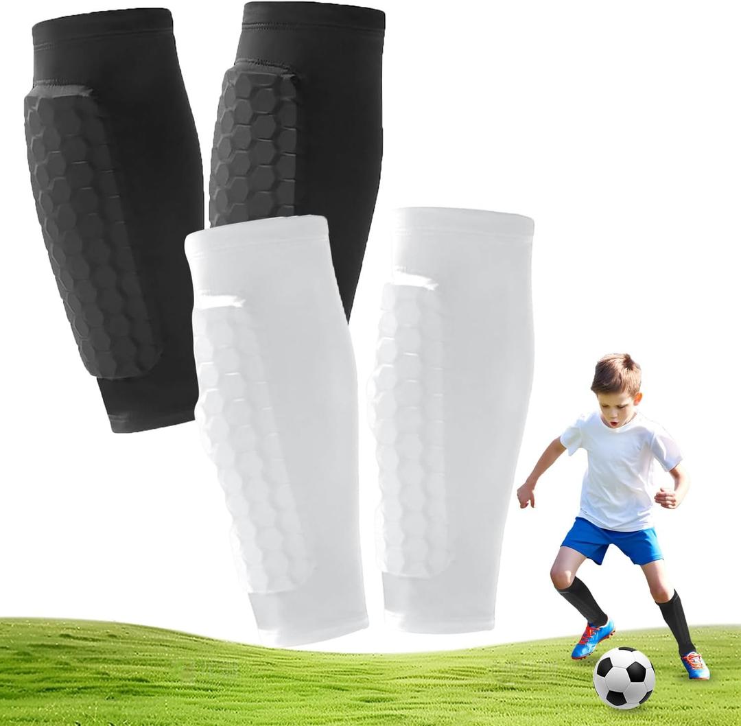 2 Pairs Soccer Shin Guards, Shin Guards Soccer Kids Youth Adult Calf Compression Sleeve with Honeycomb Pads Lightweight Calf Protective Gear for Football & Baseball Boxing MTB for Boys, Girls (Small, Black+White)