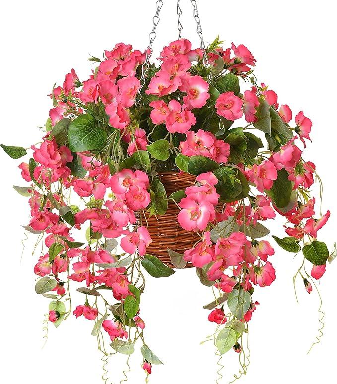 HyeFlora Artificial Fake Hanging Hibiscus Flowers Plants Baskets for Outdoor Outside Spring Summer Decoration, Faux Silk Hibiscus Long Vines in Planter UV Resistant Realistic Flowers (RedPink)