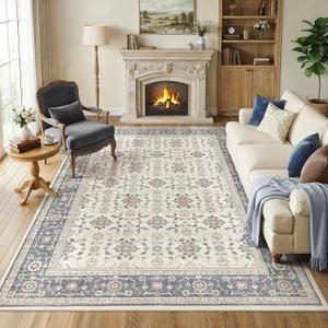 WITSHOCK 8x10 Area Rugs for Living Room: Non-Slip Washable Vintage Floral Carpet, Soft Low Pile Rug for Bedroom, Dining Table, Playroom, Lounge Home Decor (Beige Blue)