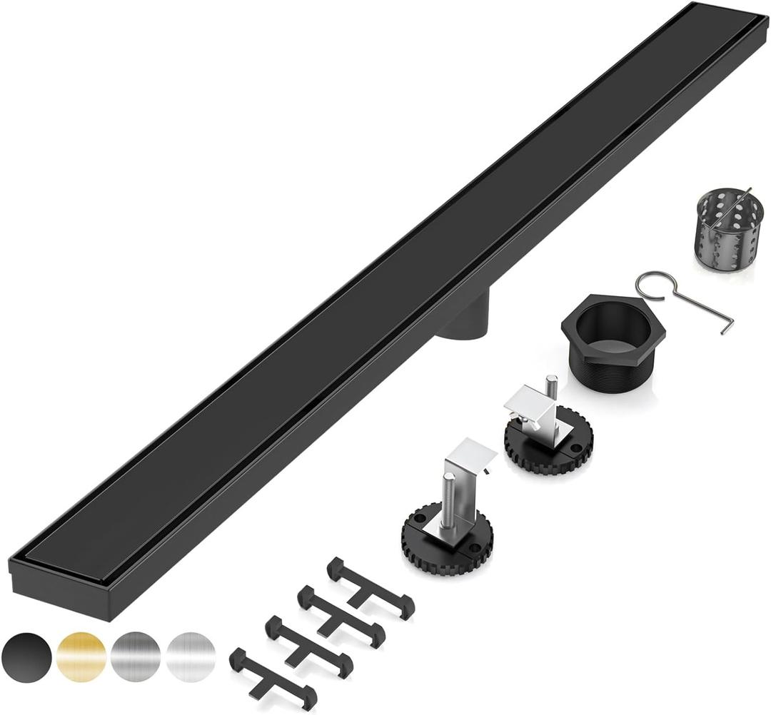 DLONE Linear Shower Drain | 48" AISI 304 Stainless Steel Shower Drain | Linear Drain with 2-in-1 Tile Insert Panel & Adjustable feet | Floor Drain in Kitchen, Bathroom, Shower Room (Matte Black) (48 inch)