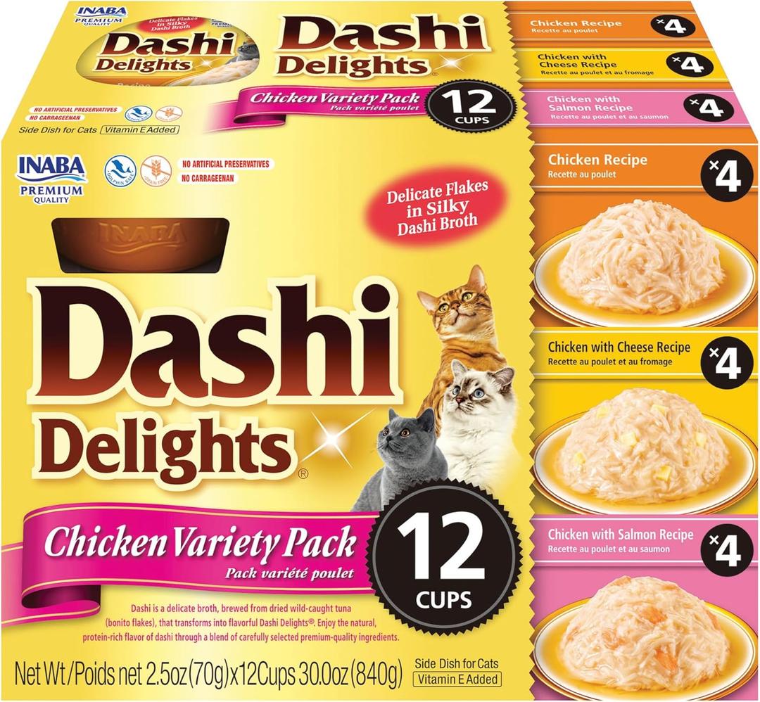 INABA Dashi Delights for Cats, Shredded Chicken with Bonito Flake Broth, 2.5 Ounce Cup, 12 Cups Total, Chicken Variety