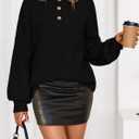 MEROKEETY Women's 2025 Fall Oversized Sweaters Chunky Long Lantern Sleeve Buttoned Mock Neck Winter Knit Loose Pullover Tops (Black, M)